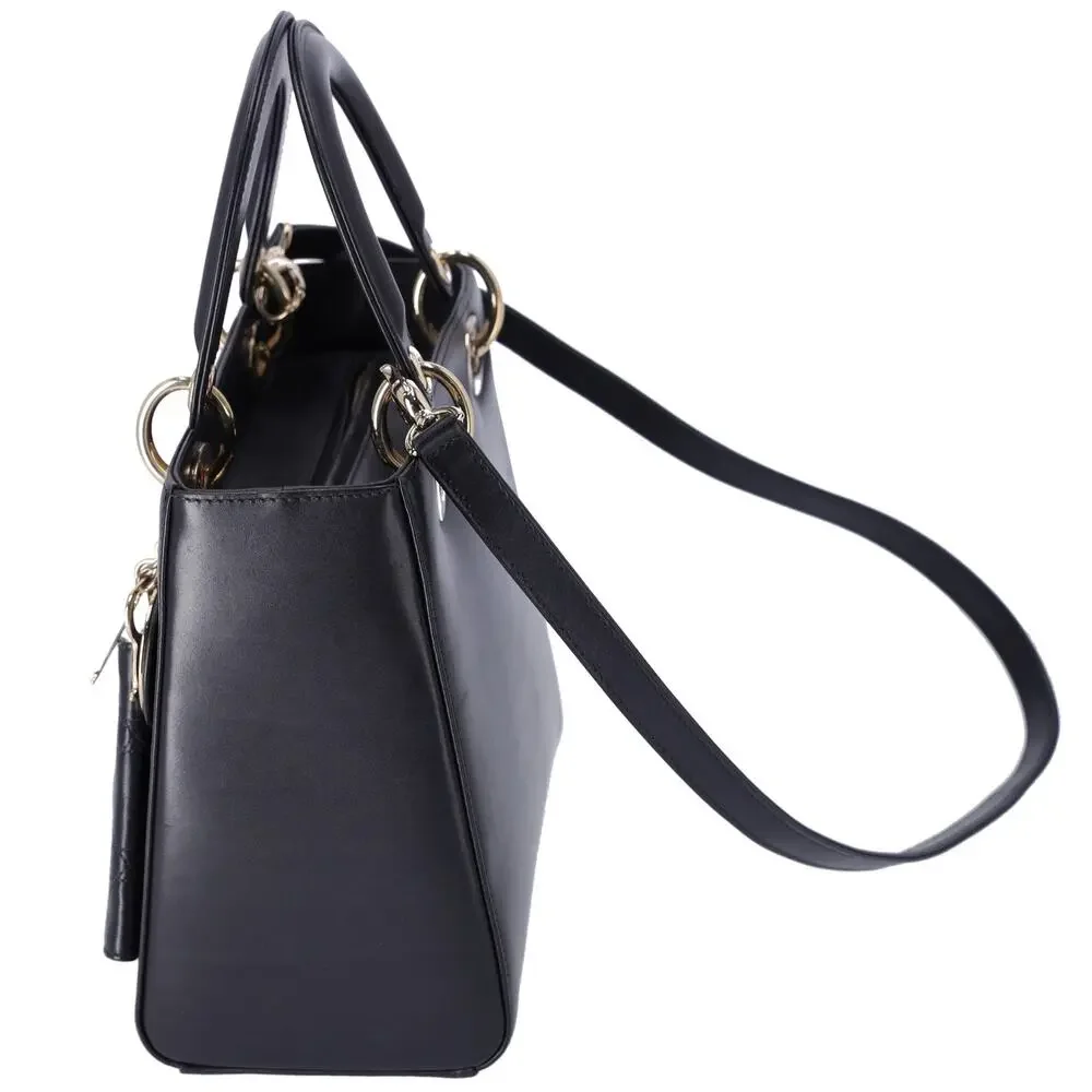Christian Dior Lady Dior Medium Bag Handbag Black Blue Calf Skin